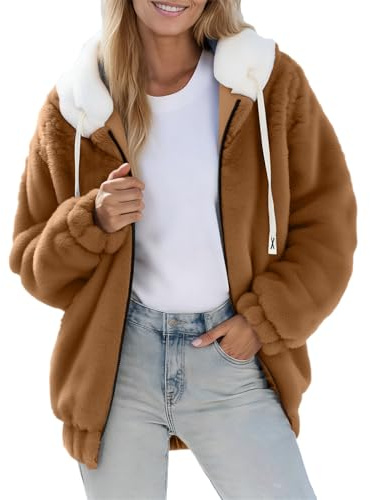 Generico Giacca Orsetto Donna Freddy,Cappotto da Donna con Cappuccio E Zip Peloso vestibilità Relax Morbido Comfort Invernale