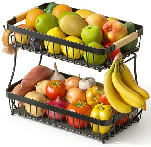 Fluxiora 2-Tier Fruit Bowl with Banana Hangers, Sturdy Metal Basket | Large Capacity Storage for Veg, Bread, Snacks, Easy to Assemble in 30 Seconds, Protective Mats Included to Prevent Bruising