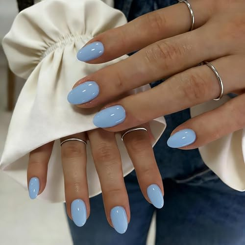 KQueenest Press On Nails Short - Pastel Soft Blue False Nails Oval, 32 Pcs 16 Sizes Natural Short Fake Nails Press ons Almond, Reusable Glossy Gel Stick on Artificial Nail for Everyday Office Wear
