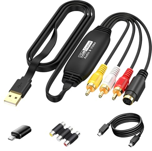 PORFOYO VHS to Digital Converter, Video Grabber USB 2.0, CVBS & S-Video a USB, 1080P HD Video Capture, adattatore AV e RCA, per Windows, Android e MacOS, VHS a Digital Converter