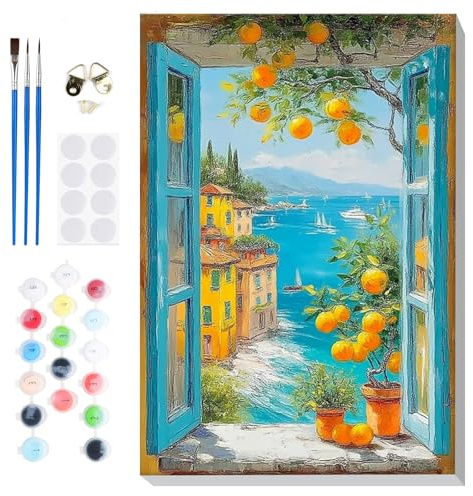 Lxmsja Peinture Numero Paysage Adulte avec Cadre, Peinture par Numero Citron, Peinture Acrylique Numéro d'art avec 3 Pinceaux, Loisirs Créatifs Adultes, Activité Manuelle, 20x30cm