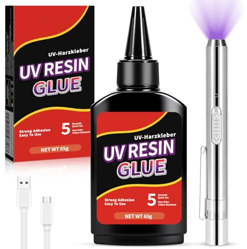 KOHRIUK UV Harz 65g mit Wiederaufladbarer UV Lampe,UV Kleber & UV Resin Kristallklarer,5 Sekunden Schnellhärtend für Glas, Metall, Kunststoff – Ideal für Schmuck, Basteln & Reparatur