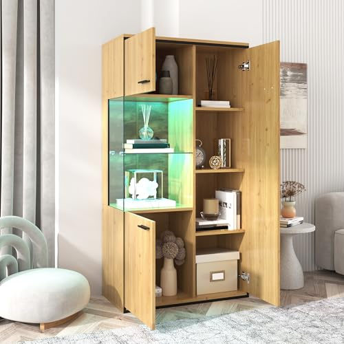 QSOST Vitrine Moderne avec Éclairage LED – 150 cm de Hauteur – Portes Vitrées, Étagères en Verre, 15 Couleurs au Choix – Grand Meuble de Présentation et Rangement pour Collection ou Salon