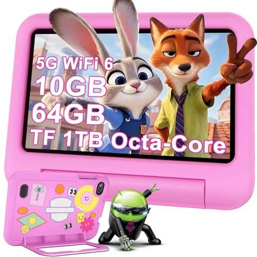 DEERTiME Niños Tablet 7 Pulgadas Android AI, 10GB RAM + 64GB ROM (TF 1TB), WiFi 6, Bluetooth 5.0, 8-Core, 3500mAh, Control Parental, Dual Cámara, GMS, Tabletas para Niños con Funda EVA - Rosa