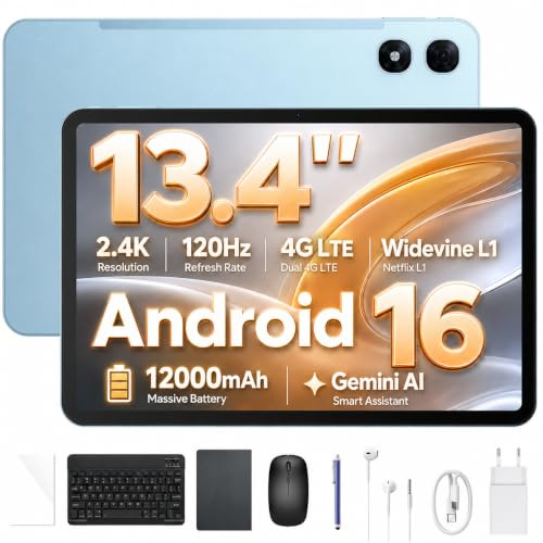 P13 Pro Tablet 13.4 Pulgadas 120Hz Android 16, 48GB RAM + 256GB(TF 2TB) Tablet con Teclado y Lapiz, T7280 Octa-Core, 12000mAh/18W, 16MP+8MP, Gemini AI, Widevine L1, Face ID, Dual SIM 4G, Azul