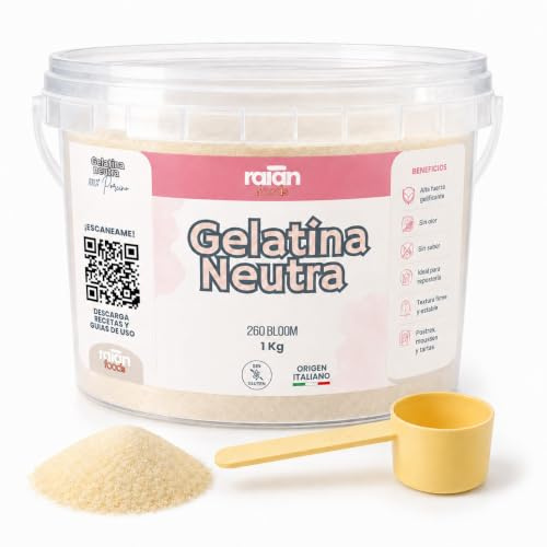 RAIAN FOODS Gelatina Sin Sabor, 1 kg + 100 g, en Polvo, 260 Bloom, Neutra | Proteína de colágeno para repostería y cocina, con dosificador de 30 ml y QR con recetario, sin azúcar y sin lactosa