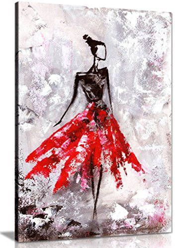 Black & White Red Ballerina Painting Canvas Wall Art Picture Print (12x8)