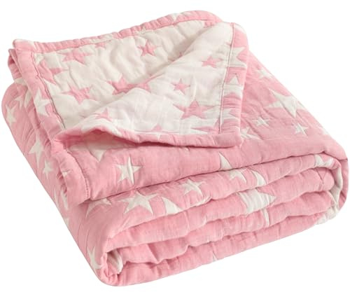 NTBAY 3 Layer Muslin Cotton Toddler Blanket, 76x102 cm, Pink White Star | 3 Layer Baby Muslin Cotton Design, Nursery Bed Blanket for Crib, Soft and Thermal Cot Gift, Jacquard Reversible
