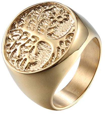 OAKKY Herren Einzigartige Lebensbaum Siegelring Gold Ton Band Edelstahl Versprechen Aussage Klassisch Gotisch Größe 57 (18.1)