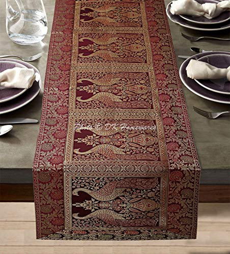 DK Homewares Indisches Traditionelleses Kaffee Brokat 60 X 16 Zoll Kaffeetisch-Dekor Tischläufer Jacquard Pfau Blumen- 5 Ft Rechteckig ESS-Herzstück (150 X 40 cm/Kaffee Gold)