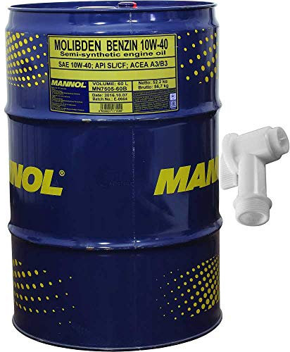 60 Liter MANNOL Molibden Benzin 10W-40 Motoröl API SL/CF ACEA A3/B3 inkl. Auslaufhahn SAE