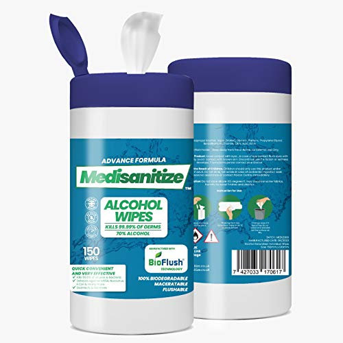Antibacterial Wipes for Surface Cleaning - 100% Biodegradable BioFlush Technology 70% Alcohol Wipes