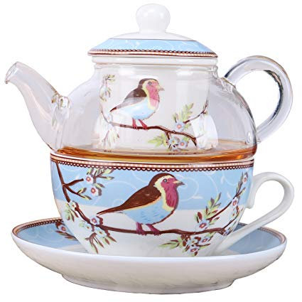 fanquare Blau Robin Vögel und Blumen Tea for One Set, Keramik Teetasse und Untertasse mit Glas Teekanne