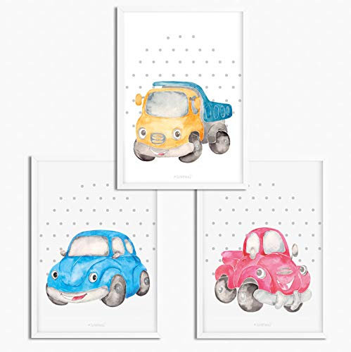 Sunnywall® 3er Set Poster Kinderzimmer - A4 Bilder Babyzimmer Kinderposter | OHNE Bilderrahmen | - Deko Mädchen Junge | Auto cars