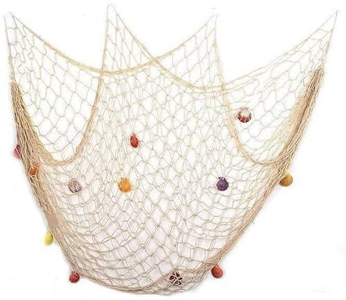 Shiwaki 1Mx2M Dekoratives Fischernetz im mediterranen Stil, Fischernetz Deko,Maritime Deko Marine Wanddekoration Netz, Nautisches Fischnetz mit Muscheln für die Inneneinrichtung - Beige