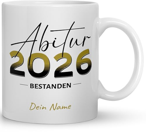 Abi 2026 Tasse personalisiert mit Namen | Weißer Keramikbecher mit Gold-Schwarz Design | Geschenkidee zum bestandenen Abitur für Jungen & Mädchen | Abitur Tasse für Abschlussfeier, Schule & Alltag