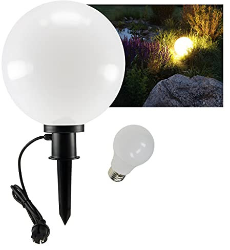 ChiliTec Garten Kugelleuchte 30cm mit Erdspieß IP44 1,5m Kabel I 1x 7W 470lm LED E27 Lampe wetterfest hitze- und frostbeständig