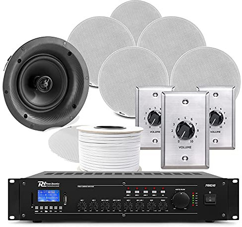 Power Dynamics 3-Zone Commercial Music System - Multi Room Ceiling Speaker Kit with Bluetooth Amplifier, Volume Controls & 6x 8 FCS8 Speakers (240W)