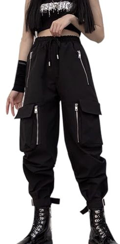 MEINVQIAOTI Schwarze Cargohose für Damen, lockere Kettenhose, mehrere Taschen, Multi-Reißverschluss, Punk, Gothic-Hose, Schwarz, X-Groß
