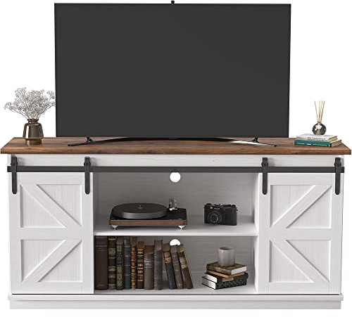 JUMMICO TV Stand for 65 Inch TV, Entertainment Center with Storage Cabinets and Sliding Barn Doors, Mid Century Modern Media TV Console Table for Living Room Bedroom (Bright White)