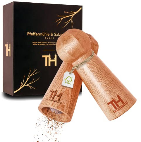 Thiru Profi Salz und Pfeffermühle Set - patentiertes Keramikmahlwerk - inkl. Untersetzer & Reinigungspinsel - Eiche Massivholz groß