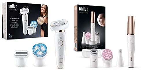 Braun Silk-épil 9 Flex Epilator with Flexible Head for Easier Hair Removal, 9-010, White/Gold & Braun FaceSpa Face Epilator, Hair Removal with Facial Cleansing Brush Head, SE912, White/Bronze