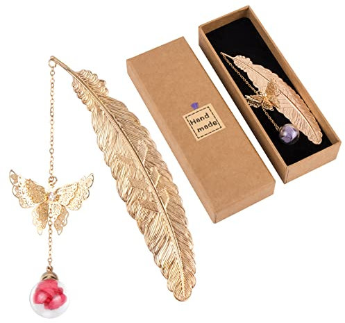 2PCS Metall Feder Lesezeichen, 3D-Schmetterling und Glasperlen Ewige trockene Blume Anhänger Ideales Geschenk für Leser, Lehrer, Studenten, Freundinnen, Kinder, Lesezeichen-Geschenk
