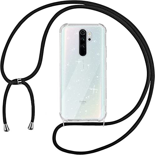 Tikgue Handykette für Xiaomi Redmi Note 8 Pro Hülle mit Band, Handyhülle mit Kordel zum Umhängen Schutzhülle mit Kette Glitzer Transparent Weich TPU Silikon Bumper - Schwarz