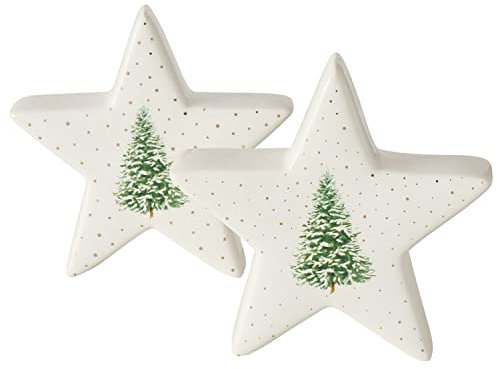 MamboCat 2tlg Set Deko-Aufsteller Eleganza I Sterne mit Tannenbaum, Punkten & Sternen I aus Keramik I Weiß & Gold I Weihnachts-Deko zum Hinstellen I Advents-Dekoration I Star, X-Mas