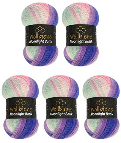 Wollbiene Moonlight Batik 5 x 100g Strickwolle 500 Gramm Wolle zum Stricken und Häkeln 20% Wolle türkische Wolle Farbverlaufswolle Strickwolle (3090 lila grün rosa)