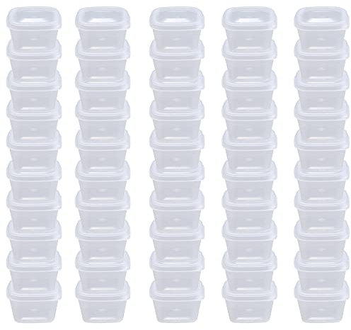 MIUPOO Taza de salsa cuadrada, taza de salsa de plástico, taza de salsa transparente, con cubierta de bisagra, se puede utilizar para todo tipo de salsas, cuadrado 50 juegos, 1 onza.