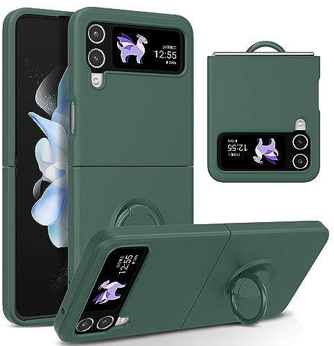 UEEBAI Silicone Case with Ring for Samsung Galaxy Z Flip 4 5G, Lightweight Foldable Slim Case Shock Absorption Slim Cover with Ring 360 Degree Rotation Stand Protective Cove - Deep Green