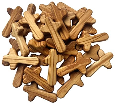 Kintyno 30 Pieces Small Olive Wood Holding Crosses, 2.56in Portable Prayer Cross With Certificate and Pocket