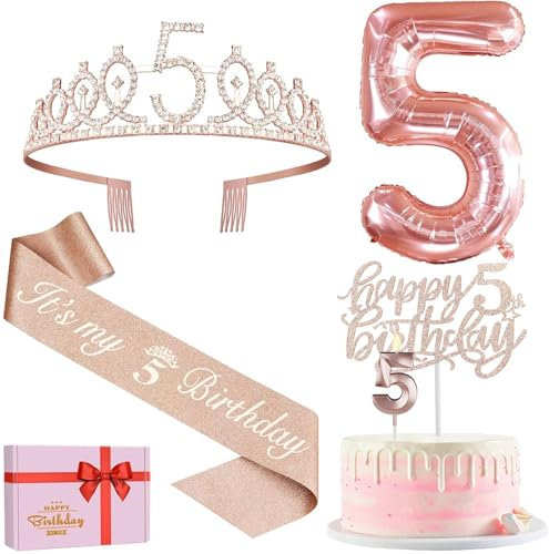 Amosking 5th Birthday Decorations Girls, Including 5th Birthday Sash and Tiara, Cake Topper and Candle, Rose Gold Number Balloon, 5 Year Old Girls Gifts