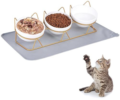Cat Bowls Set of 3, Ceramic Raised Cat Food Bowl with Pet Food Mat Elevated 15°Tilted Kitten Drink Bowl Gold Stand for Food and Water Anti Vomiting Dish for Indoor Cats Puppy and Small Dogs
