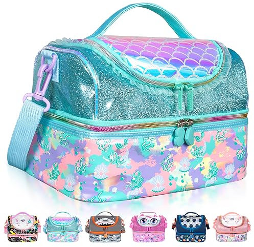 PinkSheep Bolsa para el almuerzo para niños, bolsa isotérmica con dos compartimentos y extraíble ajustable, bolsa para el almuerzo infantil, bolsa de almuerzo para niñas y jóvenes (sirena)