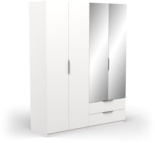 Demeyere Armoire Dressing avec Miroirs & Penderie Moderne 4 Portes 5 Etagères 2 Tiroirs – Coloris Blanc Mat - 157,3 x 51,1 x 203 cm
