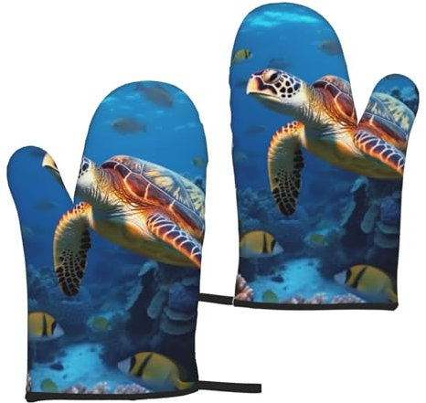 Ofenhandschuhe und Handschuhe mit Meeresschildkröte mit Fischen, hitzebeständig, wasserdicht und langlebig, 2 Stück