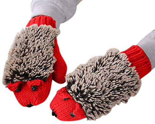 Fucouture Fleece Baumwolle Warme Damen Strickhandschuhe Winter Dicke Cartoon Igel Handschuhe Handschuhe Fäustlinge Combo mit Tasche (Rot, Einheitsgröße)