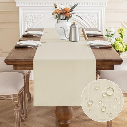 AooHome Tischläufer Beige 40X140cm, Tischdeko Leinen-Optik Abwaschbar Tischband aus Polyester Wasserabweisend mit Lotuseffekt, Dauerhaft Kratzfest für Esszimmer Hochzeiten Party Weihnachten