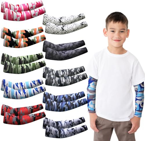Xuhal 10 paia di manicotti a compressione per bambini, per calcio, baseball, sport, protezione solare UV (mimetico, età 4-7 anni)