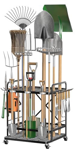Lineware Gartenwerkzeug-Organizer für Garage, Gartenwerkzeug, Aufbewahrung mit Rädern, Gartenwerkzeugständer, Gartenwerkzeughalter, Hof-Werkzeugaufbewahrung für Outdoor-Schuppen, Garage, Garten,