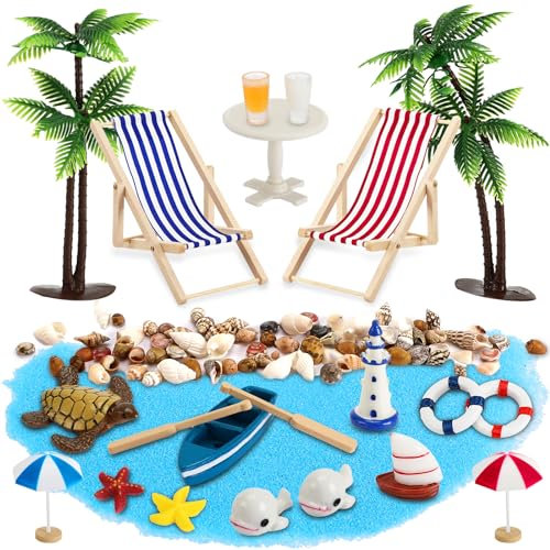 Royouzi 29 Pièces Paysage de Plage Miniature Décoration DIY Décoration Maritime de Plage Chaise de Plage Parasol Palmier DIY Accessoire de Plage Miniature pour Bricolage Maisons de Poupées (A)