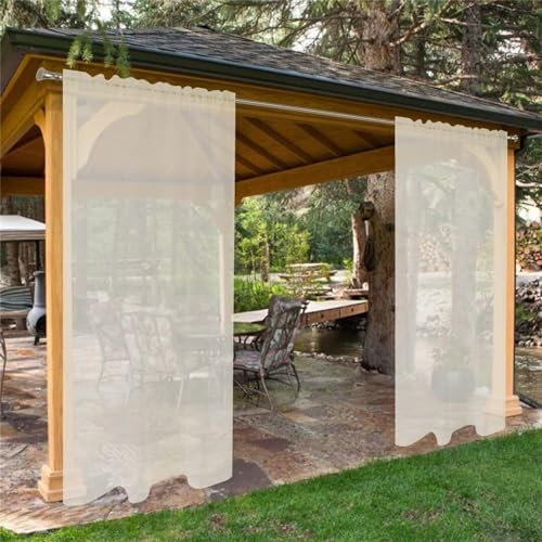 LINGKY Outdoor Vorhang Wetterfest Transparent Sonnenschutz Outdoorvorhänge Wasserdicht Voile Vorhang Outdoor Gardinen 2 Stück für Terrassentür Pavillon Veranda (B132xH213cm,Elfenbein)