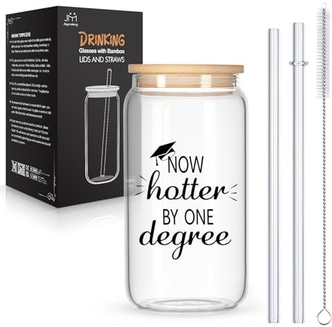 Joymaking Drinking Glasses with Bamboo Lids and Glass Straws, Iced Coffee Tea Glass, Graduation Gifts for Her Him, Congratulations Gifts for Graduation, Graduation Presents Glass 16oz