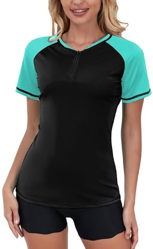 Damen Kurzarm Rash Guard Surf Shirt 1/4 Zip Badeanzug UV Schutzkleidung Neoprenhose Schwimmanzug Kleidung Badeshirts Schwimmshirt Schwarz Blau L