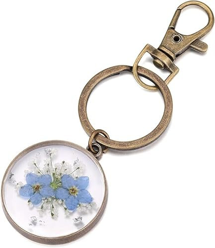 WUISOLQP Vergissmeinnicht & Queen Anne's Lace Wildflower Schlüsselanhänger - Handgemachter Glücksbringer mit gepressten Echten Blumen - Unisex - Vergissmeinnicht Schlüsselanhänger