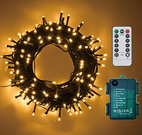 Warmweiß LED Batterie Lichterkette auf Dunkelgrün Kabel, Fernbedienung Batteriebetriebene Beleuchtung, für Weihnachten Baum Garten Hochzeit Feiertag Party (100LED)
