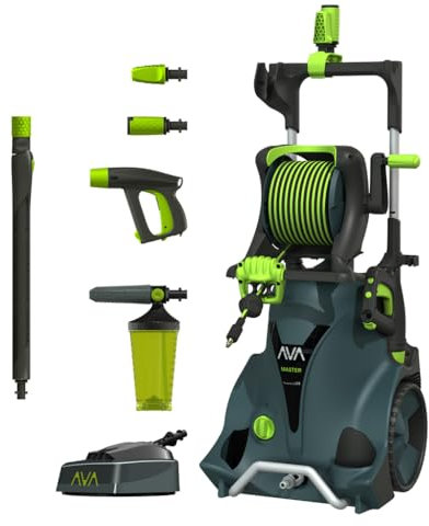 AVA Hochdruckreiniger Master 2.0 P60 XL, 145bar, 500L/h 2100 W - inkl. Terrassenreiniger, Follow-Me Schlauchtrommel mit 8m Hockdruckschlauch, Variodüse, Dreckfräse, Hochdruckwasserpistole, Zoomlanze