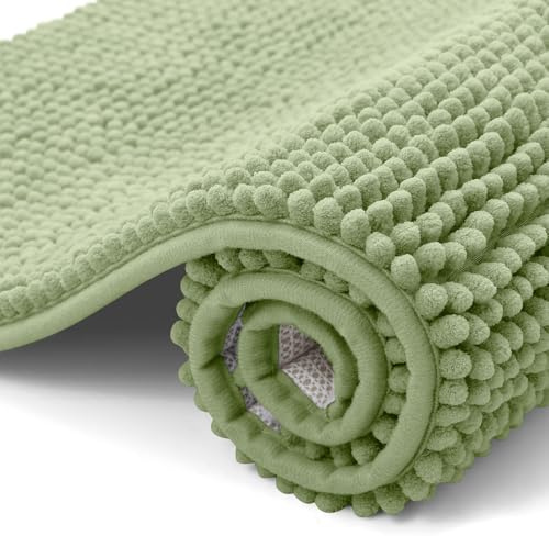 smiry Absorbent Chenille Bath Mat Extra Soft Bathroom Mat, 40x60 cm | Non Slip Bath Mats for Bathroom Machine Washable Quick Dry Bath Rug Bathroom Accessories, Sage Green